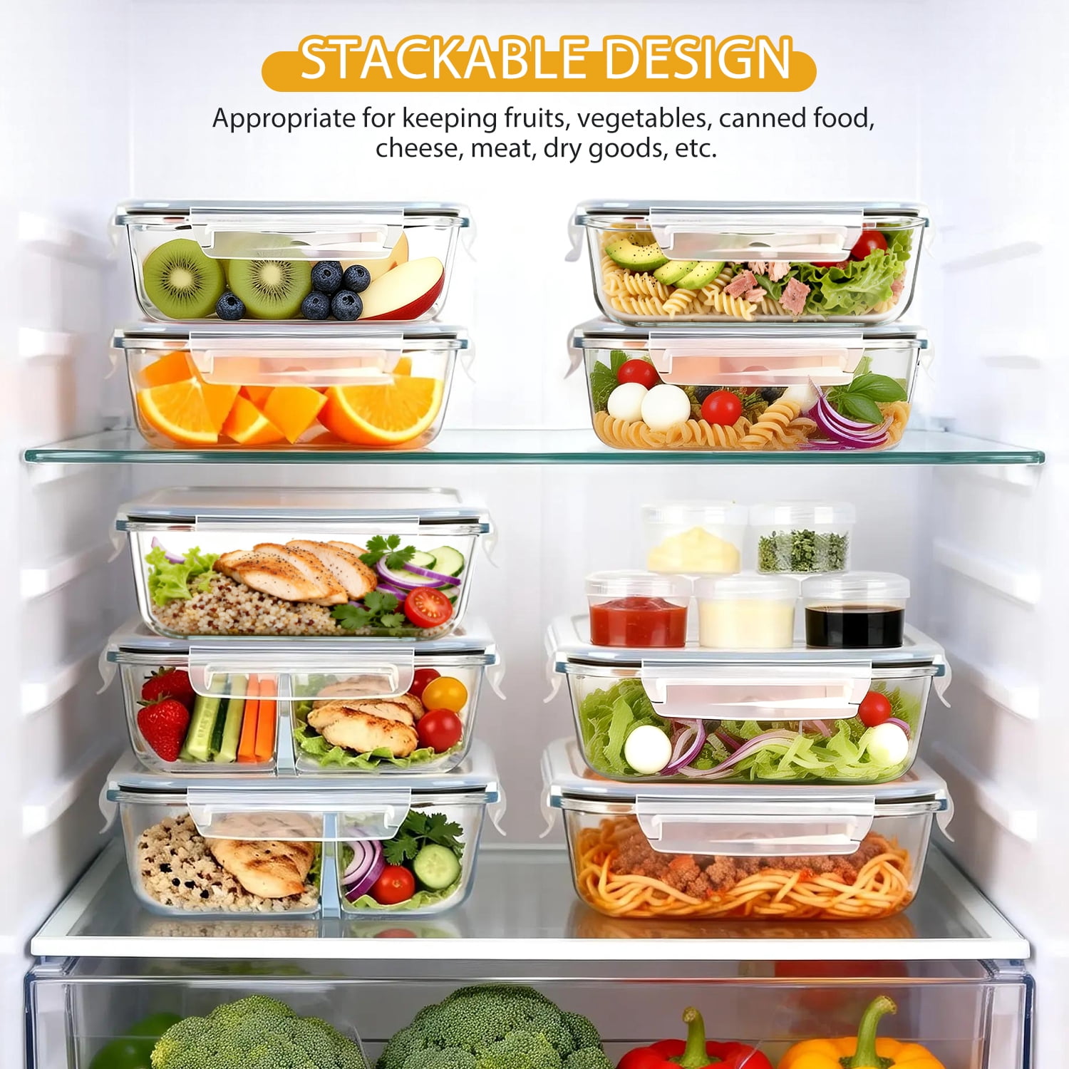 20 Pcs Glass Food Storage Containers with Lids 22oz, 1 & 2 Compartment Glass Airtight Meal Prep Containers with Sauce Containers(10 Containers & 10 Lids), Oven & Freezer Safe, Leak Proof, Grey