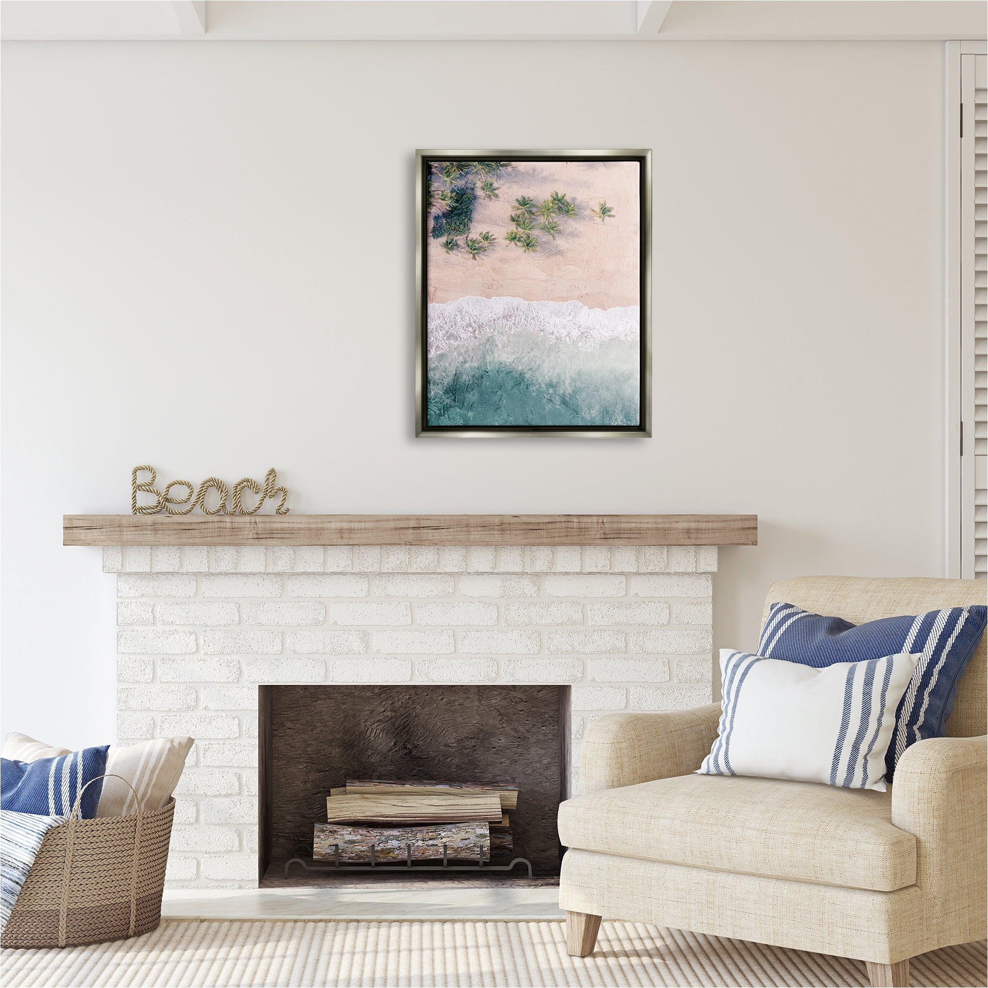 Stupell Industries Aerial Tropical Beach Landscape Painting Gray Floater Framed Canvas Art Print Wall Art, 25 x 31