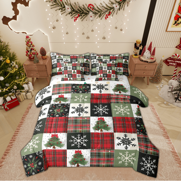 Manfei Buffalo Christmas Tree Twin Bedding Sets 7-Piece, Vinter Snowflake Bedding Comforter Set, Vintage Western Festival Reversible Sheet Sets, Microfiber Bedroom Decor
