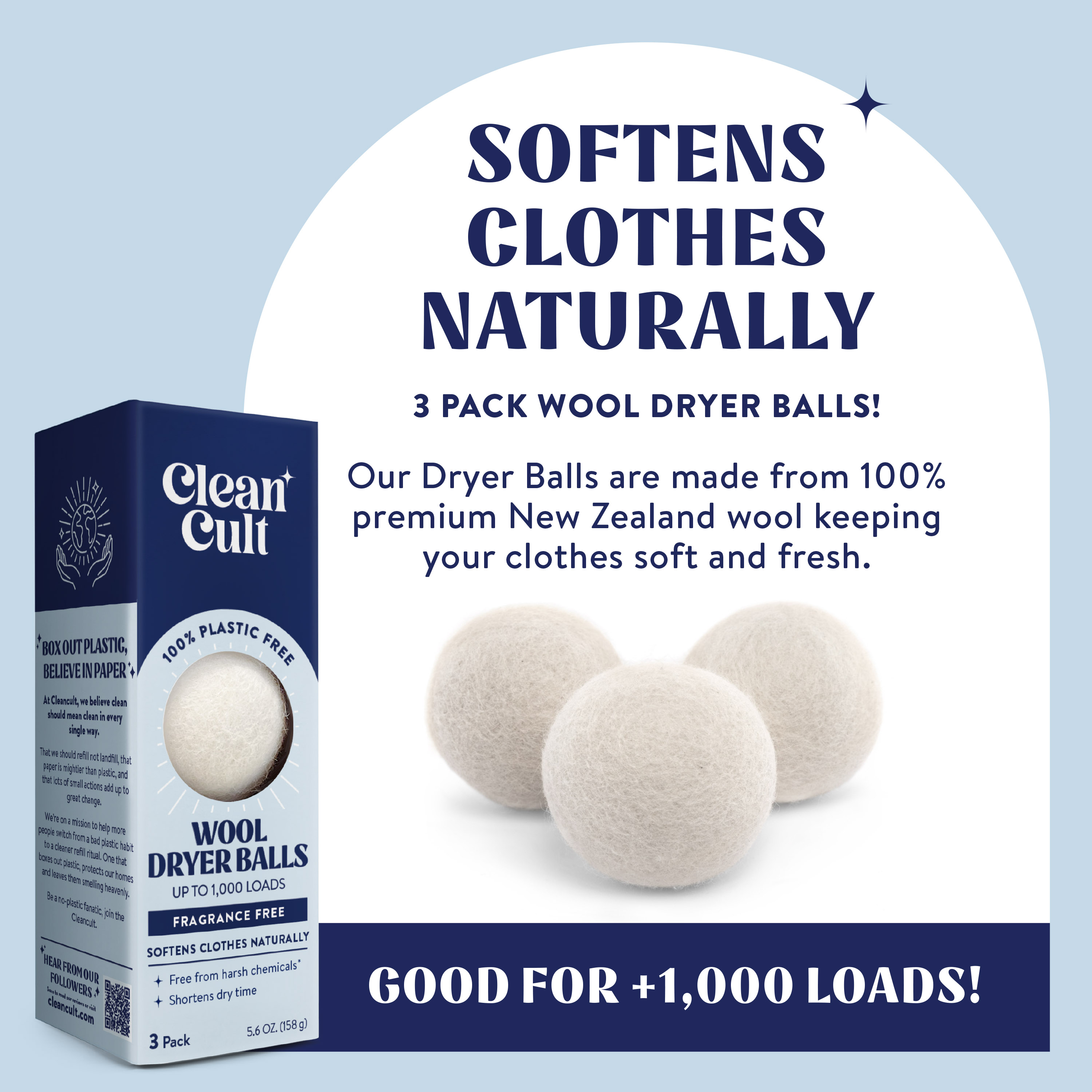 Cleancult Dryer Balls, Organic Wool, Reusable, Reduces Wrinkles, Unscented, 3 Count - image 3 of 7