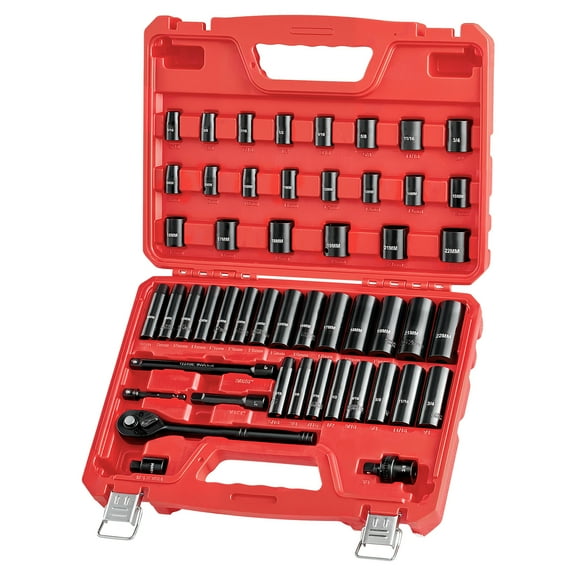 KFFKFF 3/8 Inch Drive Impact Socket Set, 50 Pieces, 6-Point Deep & Shallow Sockets, SAE (5/16 Inch to 3/4 Inch) and Metric (8 to 22 mm) Sizes with 3-Inch & 6-Inch Extension Bars, Cr-V Steel