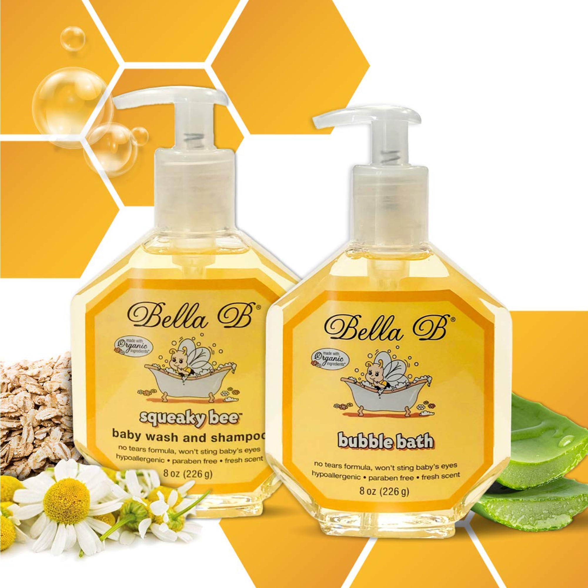 Bella B Bundle: Squeaky Bee Baby Wash & Shampoo 8 oz and Bubble Bath 8 oz