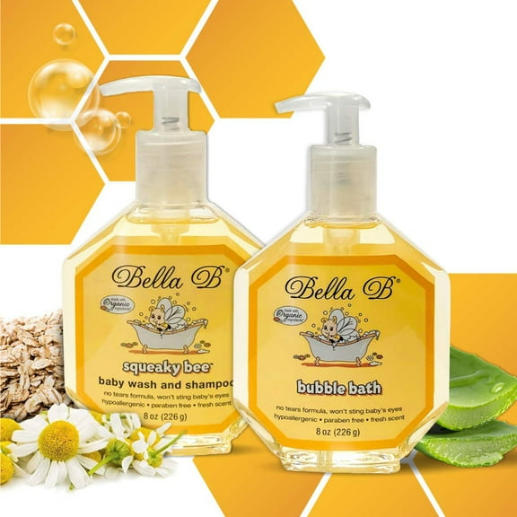 Bella B Bundle: Squeaky Bee Baby Wash & Shampoo 8 oz and Bubble Bath 8 oz