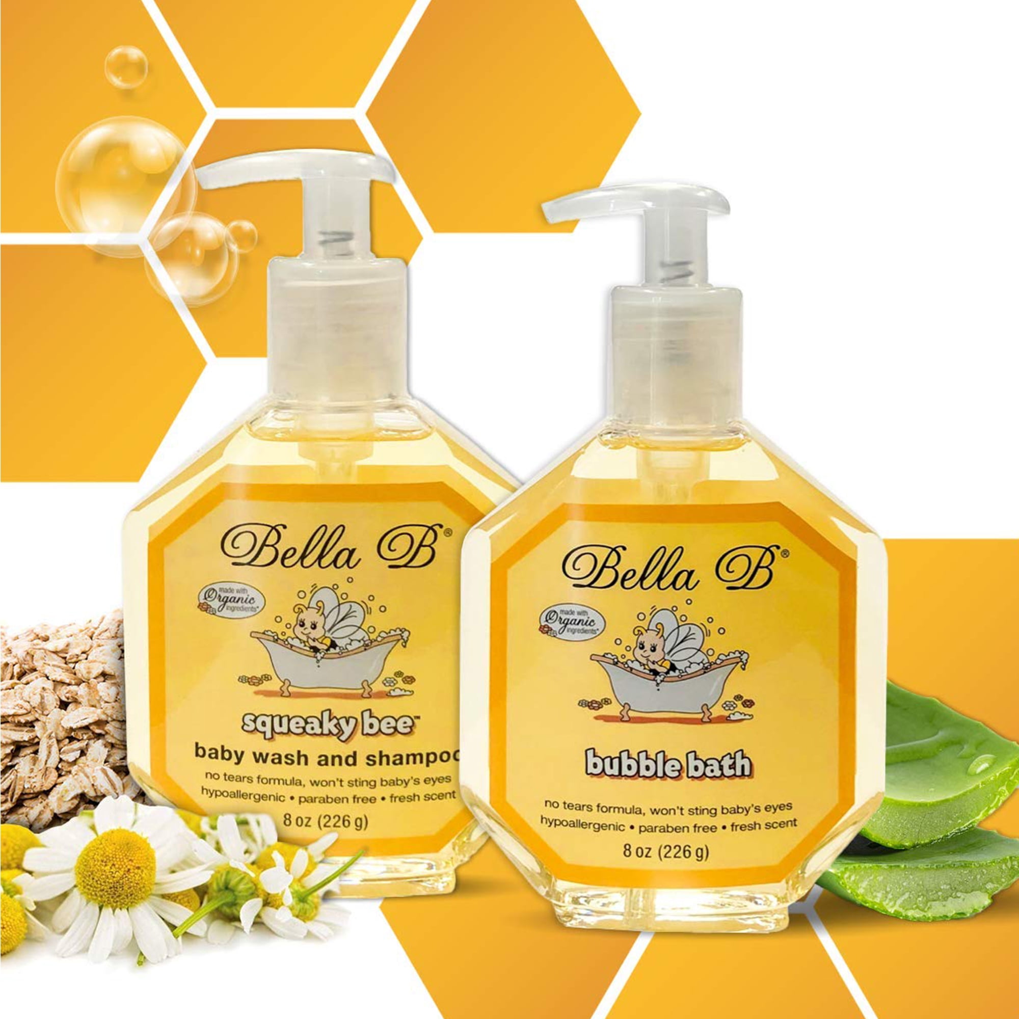 Bella B Bundle: Squeaky Bee Baby Wash & Shampoo 8 oz and Bubble Bath 8 oz