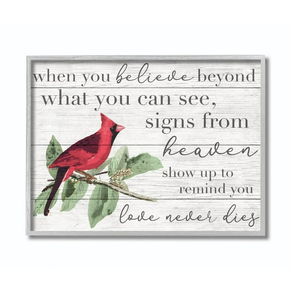 Believe Love Never Dies Inspirational Cardinal Bird Word Design Gray Farmhouse Rustic Oversized Framed Giclee Texturized Art by Daphne Polselli
