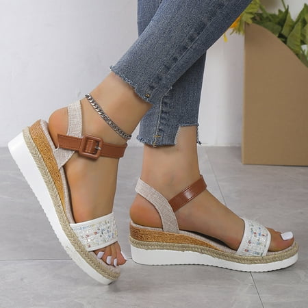 

ZHELIYO Women s sandals Ladies Fashion Summer Sequins Decorative Open Toe Buckle Wedge Heel Thick Sole Sandals White 9