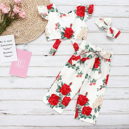 

Leutsin Toddler Kid Baby Girl Print Off Shoulder Backless Tops Bow Pants Hairband Outfit