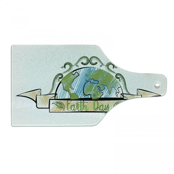 Earth Day Cutting Board, Sketchy Logo Drawn by Hand Ribbon Design, Decorative Tempered Glass Cutting and Serving Board, in 3 Sizes, by Ambesonne