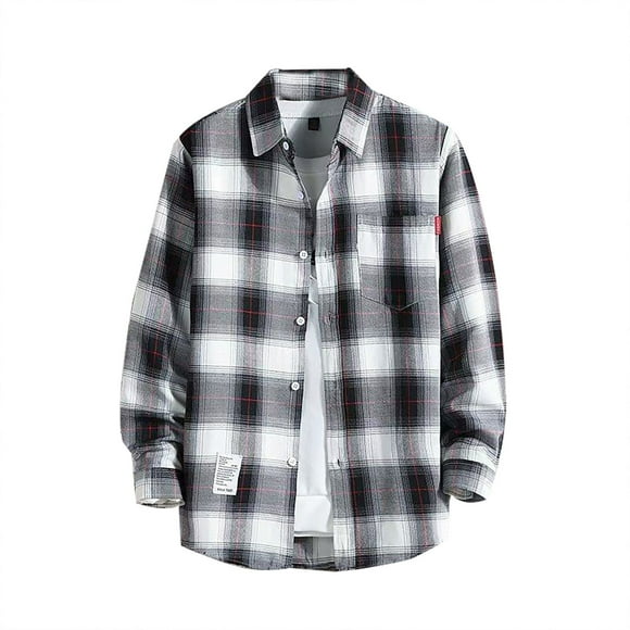 Ediodpoh Men's Casual Printed Shirt Autumn and Winter Long Sleeved Single Lapel Plaid Shirt Men's Shirts White_002 L