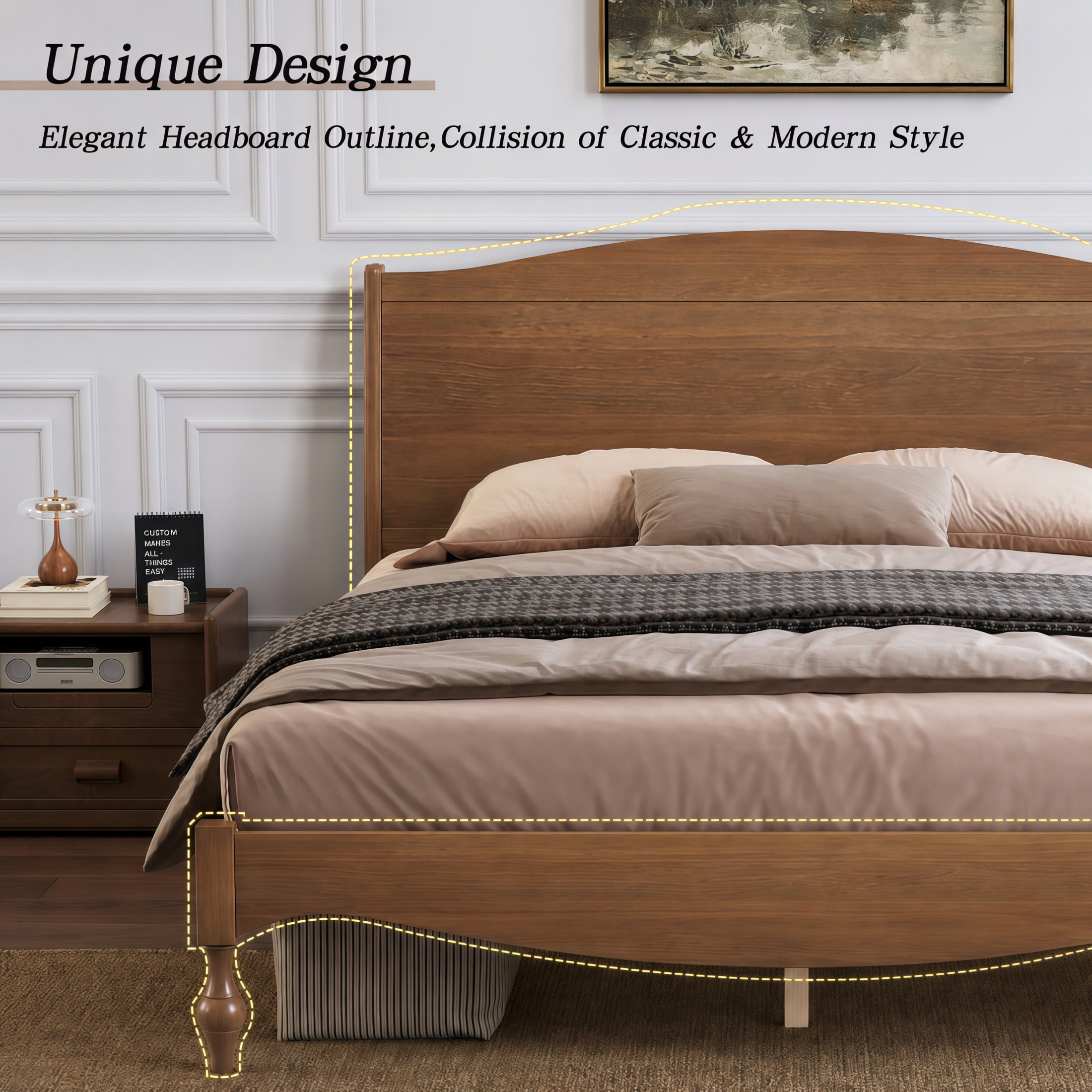 Noble House Carola Full Wooden Platform Bed Frame, Traditional Arched Headboard Vintage Design, Light Walnut
