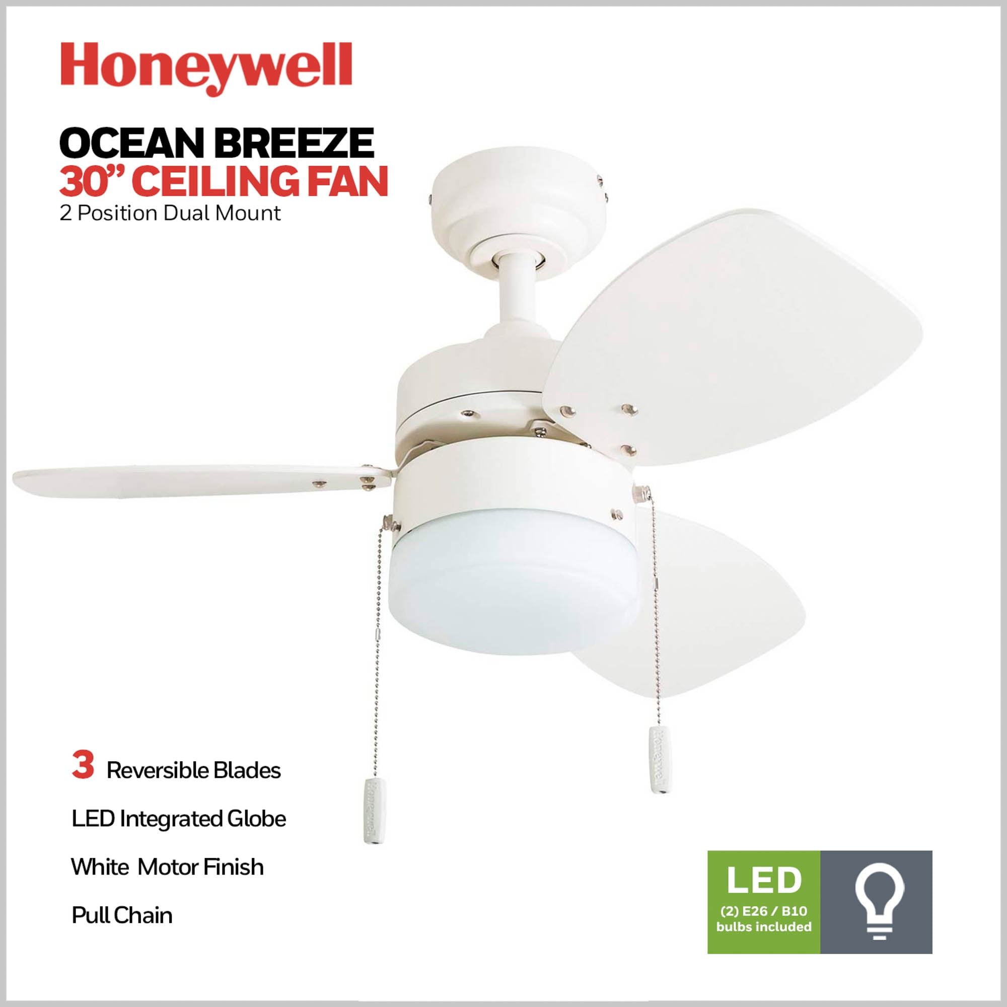 Honeywell Ocean Breeze 30" White Indoor Ceiling Fan with Light, 3 Blades, & Reverse Airflow