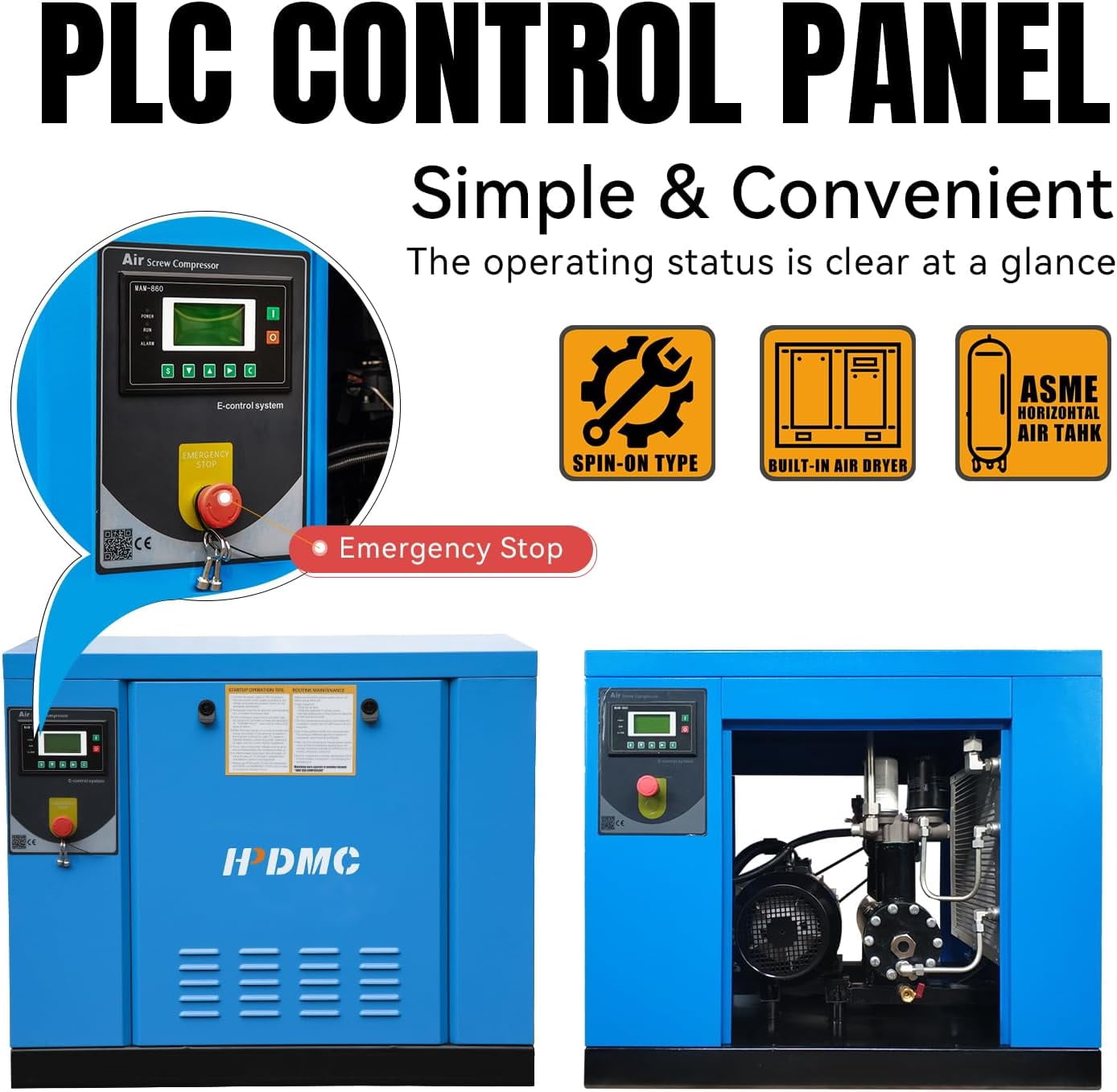 HPDMC 10HP Rotary Screw Air Compressor PACK7, 35 CFM @ 125 PSI, 230V 3-Phase Industrial Compressed Air System for Automotive, Machining and Fabrication
