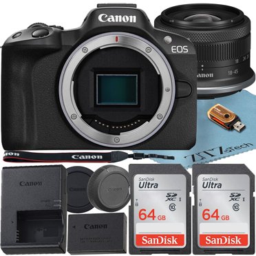 Canon EOS R50 Mirrorless Camera with RF-S 18-45mm f/4.5-6.3 IS STM Lens   2 Pack SanDisk 64GB Memory Card   ZeeTech Accessory Bundle
