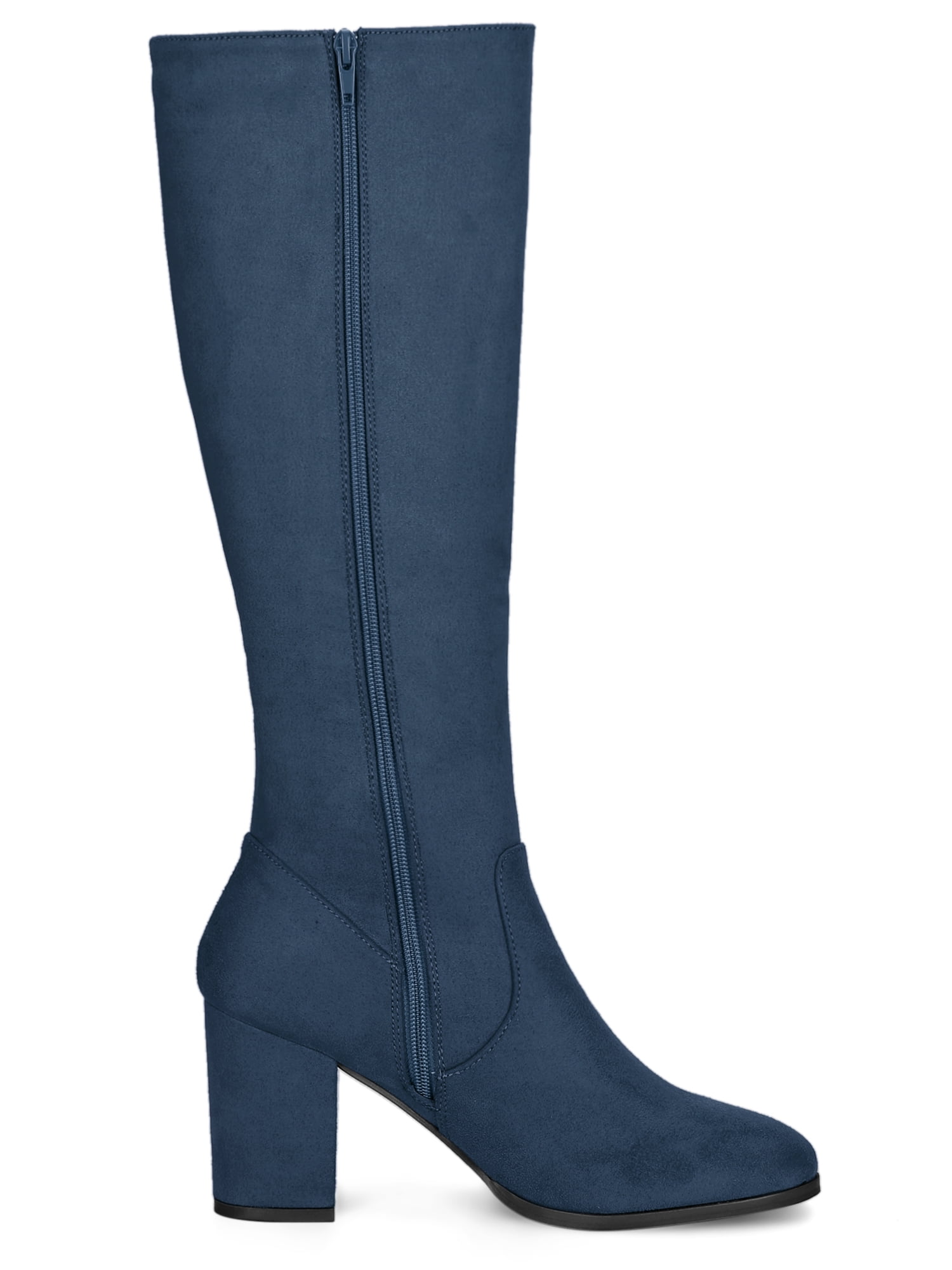DARING DIVA Women's Stylish Side Zipper Chunky Heel Knee High Boots Navy Blue 6