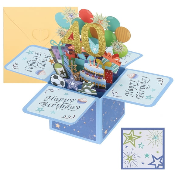 40th Birthday Card, Pop-Out Birthday Card Happy Birthday with Greeting Card and Envelope for Boy Women Friend, Blue