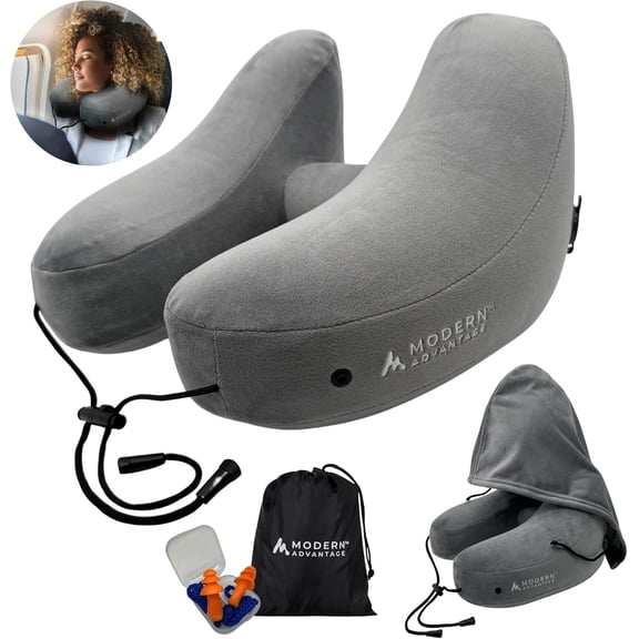 Inflatable Travel Pillow for Airplanes with Comfort Hood, Adjustable Neck Support, Lightweight & Compact Flight Pillow for Sleeping on Long Flights & Travel (Grey)