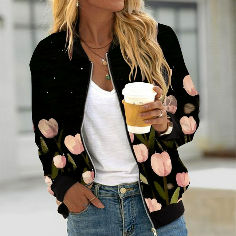 Kiyya Versatile Baseball Jacket Coat for Womens Suitable Daily Jackets Lightweight Zip Up Jacket Floral Print Coat Stand Collar Short Sports Outwear Clearance Walmart