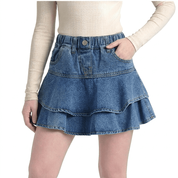 GiLiling Denim Skirts for Girls Mini Skirt Elastic Waist Tiered Ruffle Skirt with Pockets and Decorative Buttons for Casual Summer Wear (Blue, 11-12 Years)