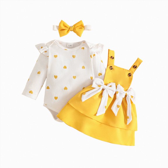 larppty Newborn Baby Girl Outfits Long Sleeve Top Plaid Suspender Skirt Floral Dress Headband Baby Clothes (Yellow,9-12 Months)