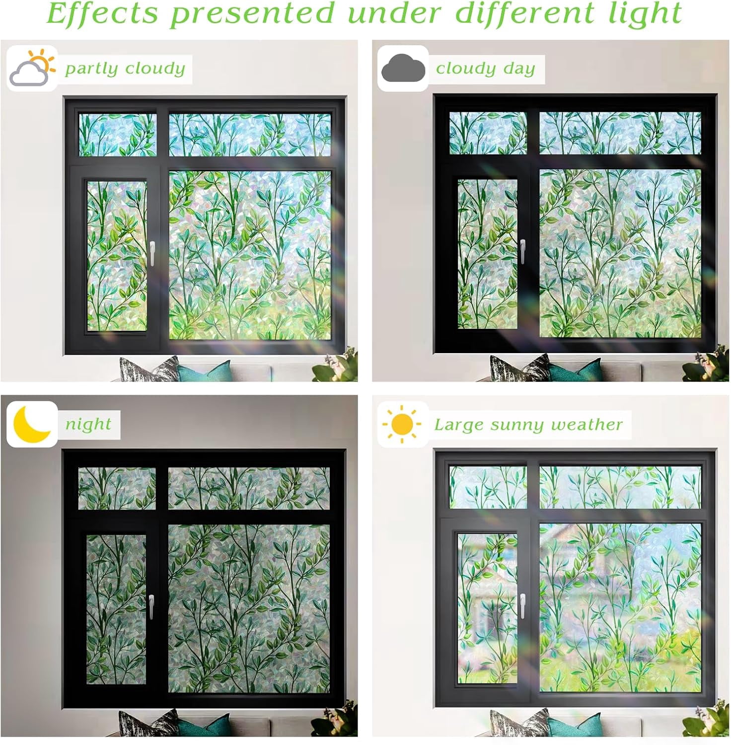 FILMGOO Rainbow Green Leaf Window Privacy Film, Static Cling Non-Adhesive Decorative Window Film, Heat Control Anti UV Window Tint for Home, 29.5in x 6.5ft