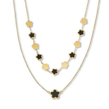 Genuine Black Onyx Gold Ion-Plated Stainless Steel Clover Necklace 17 to 19-inch