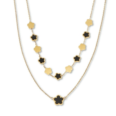 Genuine Black Onyx Gold Ion-Plated Stainless Steel Clover Necklace 17 to 19-inch