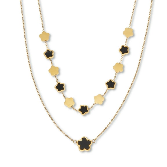 Genuine Black Onyx Gold Ion-Plated Stainless Steel Clover Necklace 17 to 19-inch
