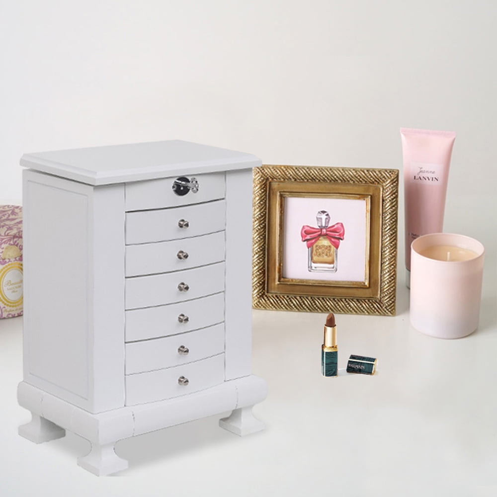 Kepooman 7 Layers Wooden Jewelry Box Case with Lock, Women' s Jewelry Display Storage Case Holder for Necklaces Rings Earrings Watches, White Kepooman 7 Layers Wooden Jewelry Box Case with Lock, Women' s Jewelry Display Storage Case Holder for Necklaces Rings Earrings Watches, White