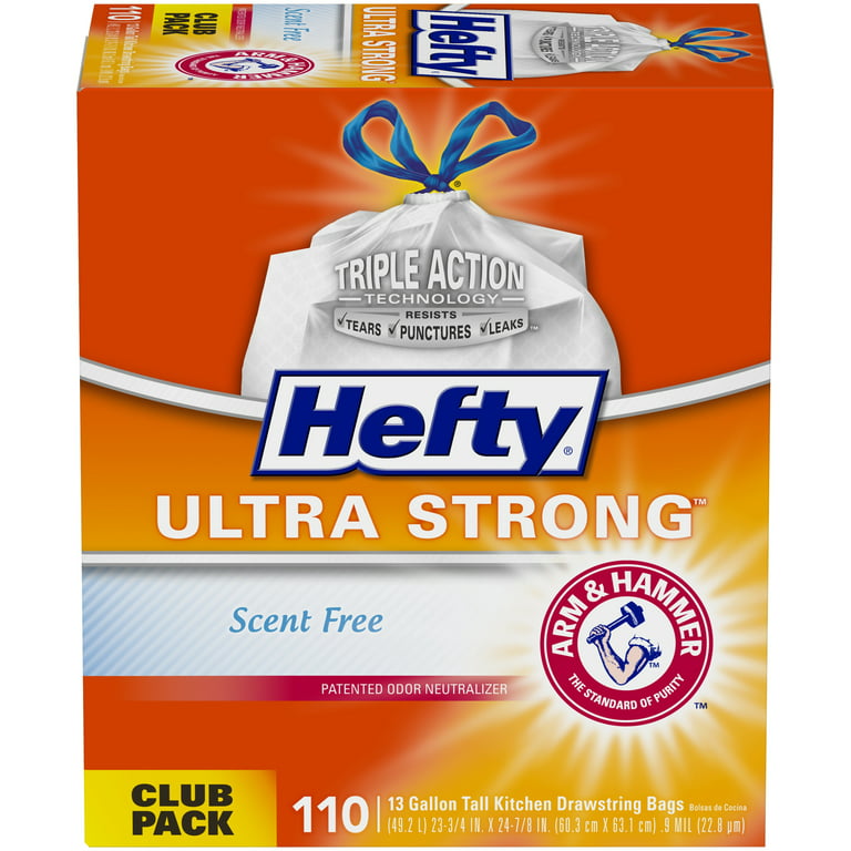 Hefty Ultra Strong 13 Gallon Kitchen Trash Bag 23.75 x 24.88 Low Density  0.9 mil White 110 