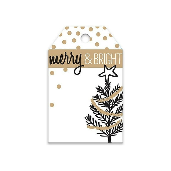Merry & Bright Christmas Tree Metallic Printed Gift Tags - 3 1/2in. X 2 1/4in. - 50 Pack (ptmbt)