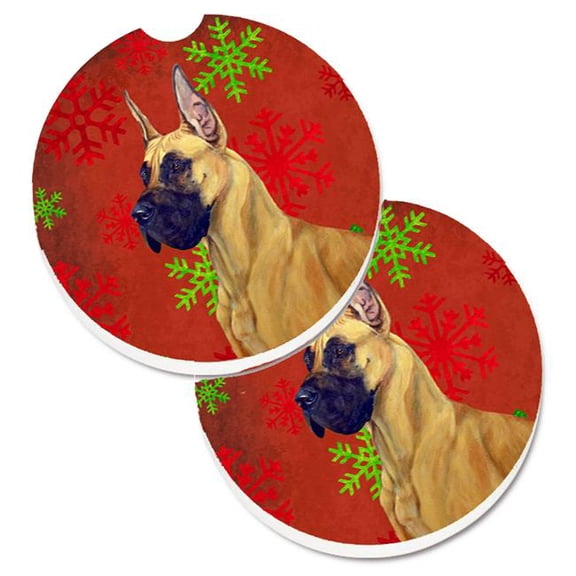 Great Dane Red & Green Snowflakes Holiday Christmas Set of 2 Cup Holder Car Coaster
