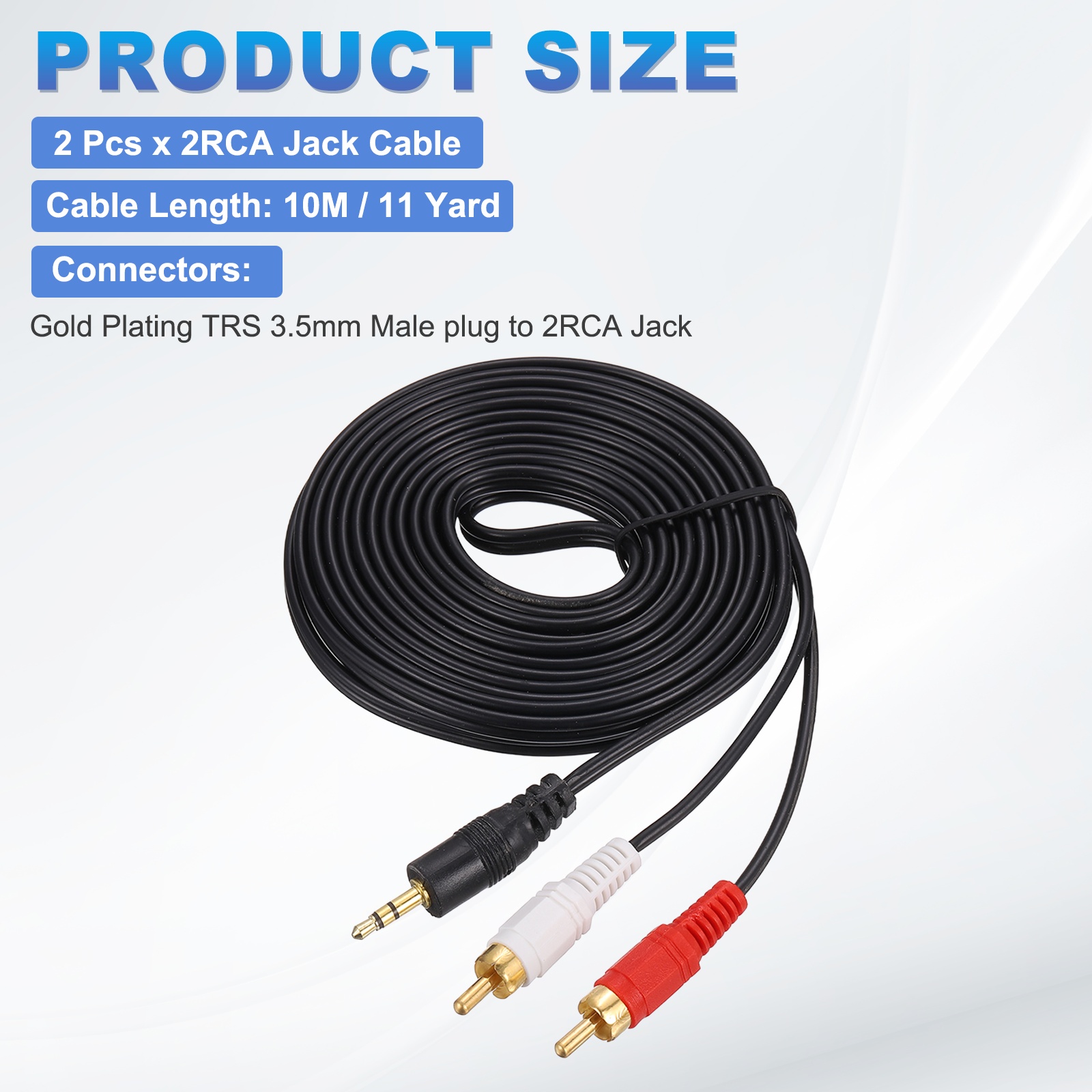 2Pcs Gold Plating TRS 3.5mm Male to 2RCA Jack Cable, 10M(11 Yard) Copper Core 3mm Audio AUX Cable