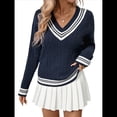 thumbnail image 1 of Suéteres Holgados con Cuello en V para Mujer, Jersey de Punto de Larga, Suéter Grueso A Rayas, Blusas Casuales Tipo Túnica. Azul Marino M, 1 of 10