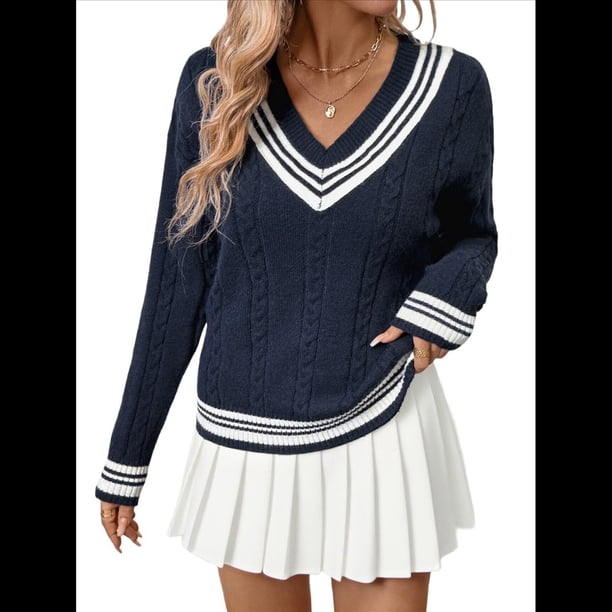 Suéteres Holgados con Cuello en V para Mujer, Jersey de Punto de Larga, Suéter Grueso A Rayas, Blusas Casuales Tipo Túnica. Azul Marino S