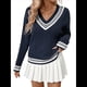 thumbnail image 1 of Suéteres Holgados con Cuello en V para Mujer, Jersey de Punto de Larga, Suéter Grueso A Rayas, Blusas Casuales Tipo Túnica. Azul Marino S, 1 of 10