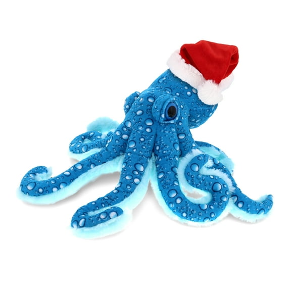 DolliBu Santa Blue Octopus Stuffed Animal Plush Toy - Super Soft Stuffed Animal Dress Up with Red Santa Claus Hat, Cute Ocean Life Gift, Perfect Holiday Gift - 16 Inch