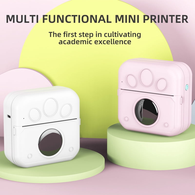 Printer - Thermal Bluetooth Mini Printer with 2 Roll Sticker Paper, Inkless Sticker Printer Print Pod for DIY, Scrapbook, Journal, Study Notes, Memo, List, Birthday （ White）