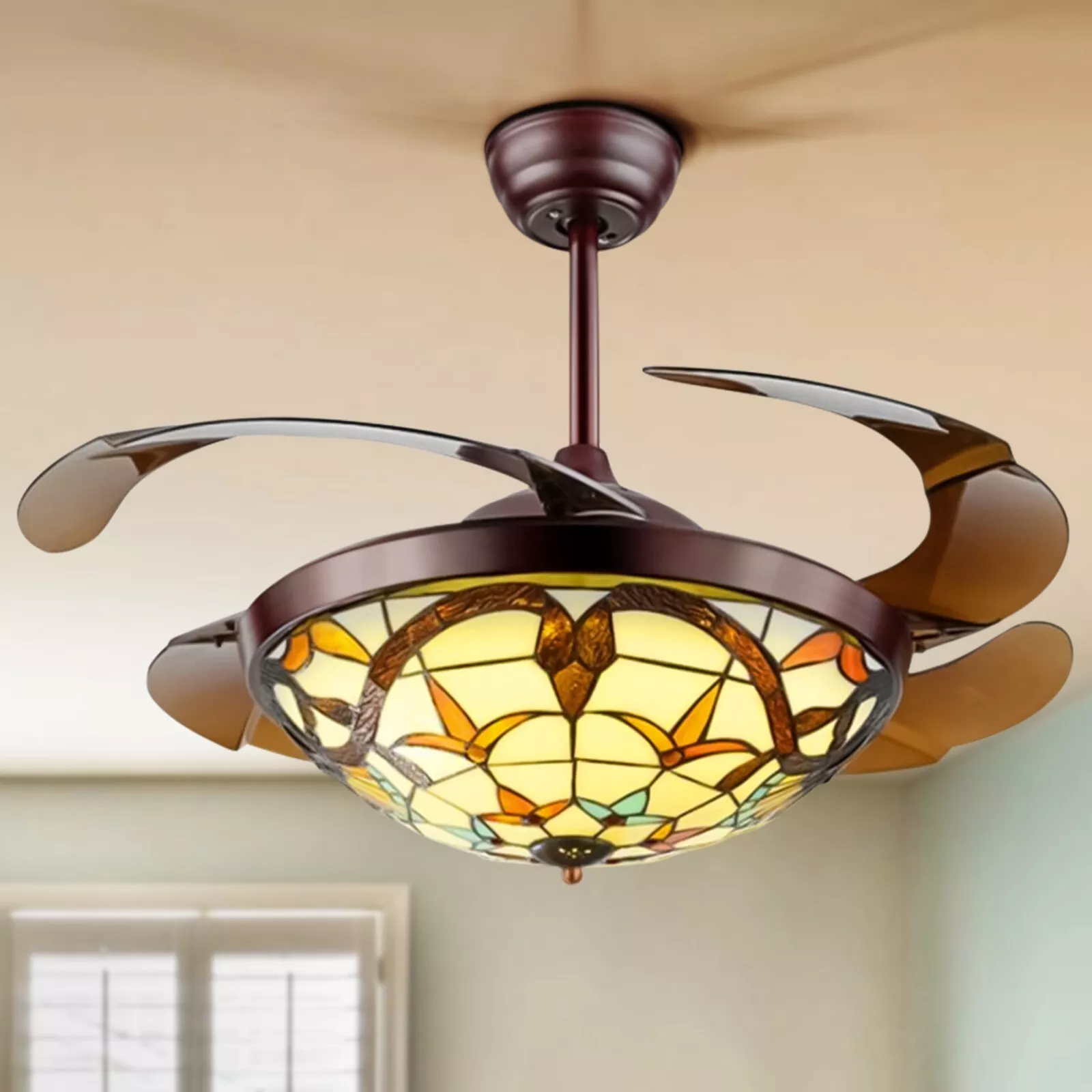 AFANQI 42” Tiffany Style Ceiling Fan with Light, Remote Control Classic LED Chandelier Retractable Blades 3 Light Changes Fandelier Lighting Fixture with Craft-Made Colorful Glass Lamp