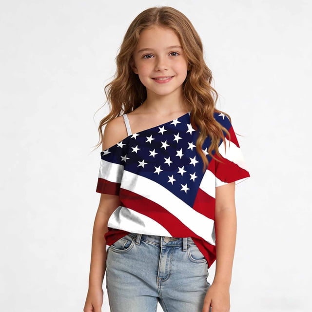 Odeerbi Niñas 4 de Julio Camiseta de Un Hombro Manga Corta Día de La Independencia Tops Gráficos