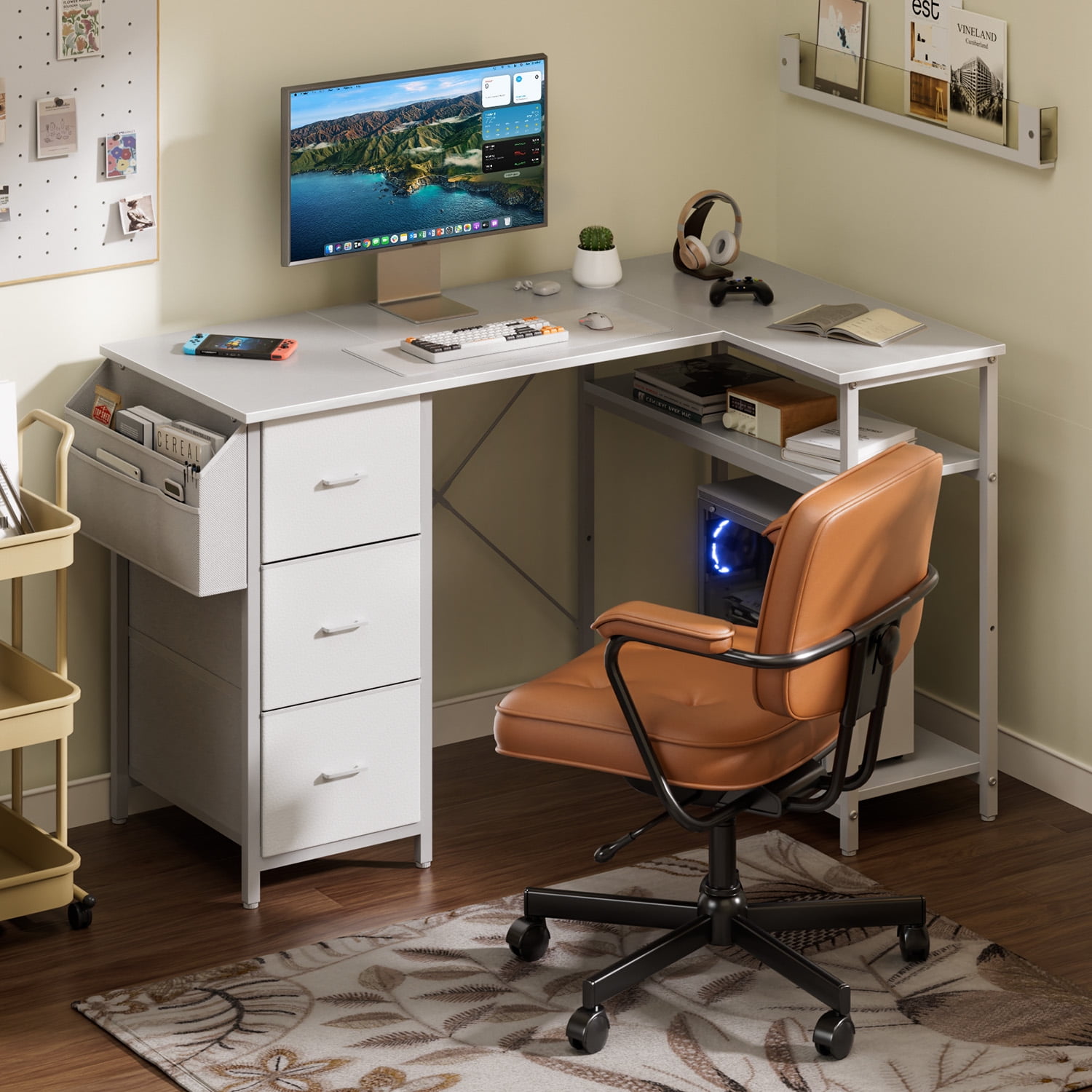 HLDIRECT L Shaped Computer Desk with Drawers & Storage Shelves, 55 inch Corner Desk for Home Office and Bedroom, White