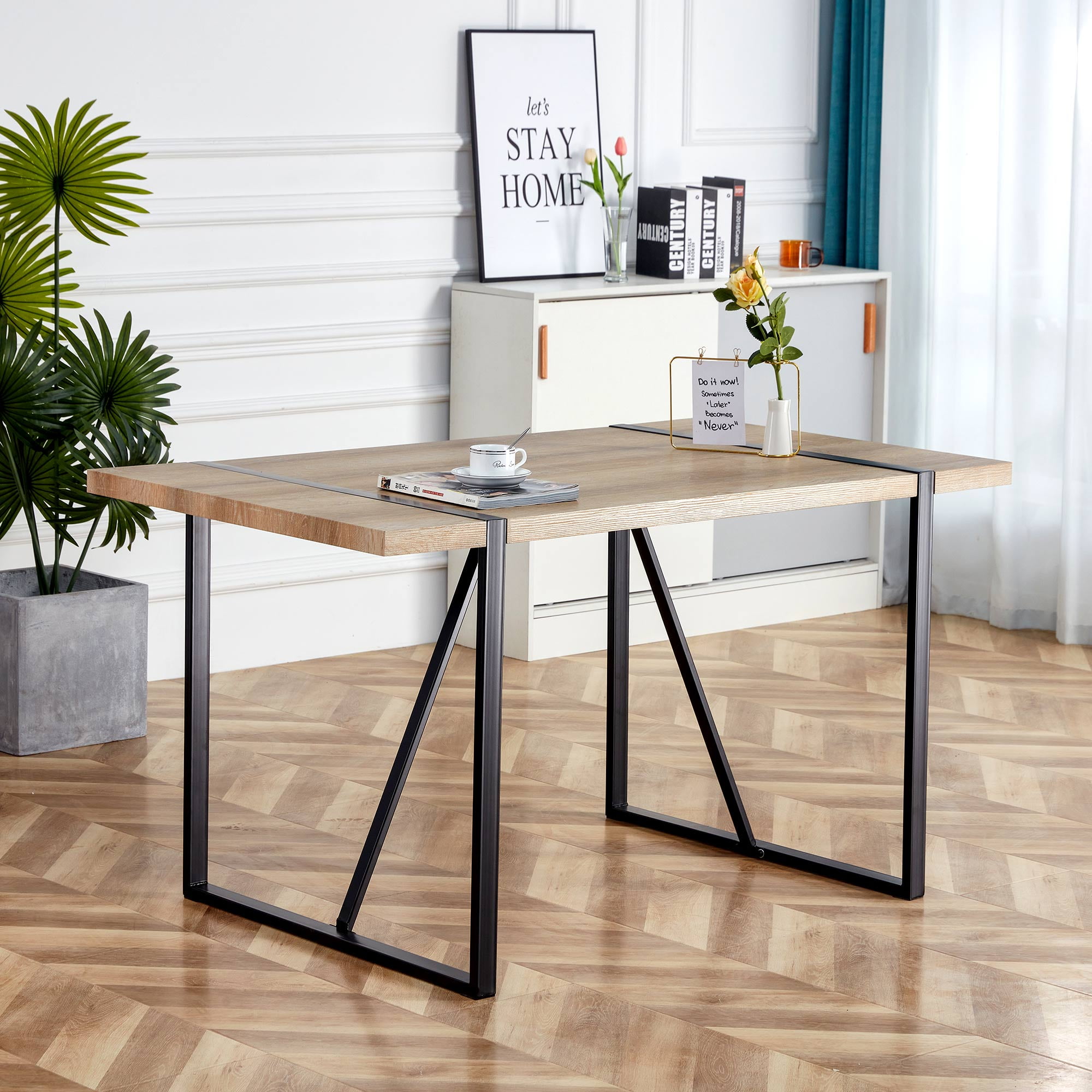 Rustic Industrial Rectangular Wood Dining Table For 4-6 Person, With 1.5" Thick Engineered Wood color Tabletop and Black Metal Legs,Desk For Kitchen Dining Living Room