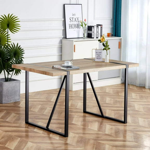 JUFU 55" Dining Table, Rectangular Wood-Look MDF Top, Black Metal Legs for Kitchen & Dining Room