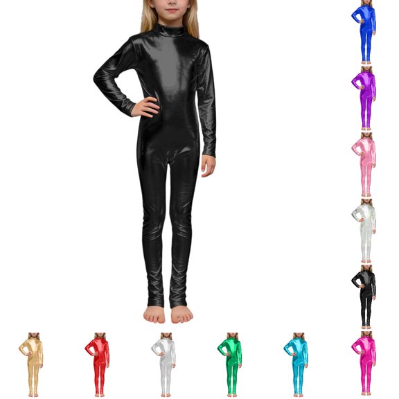 Bmisegm Girls Jumpsuit Metallic High Neck Long Sleeve Performance Glitter Gold Back Zipper Dance Stage Wear Going Out Romper,Black,1-3 Years