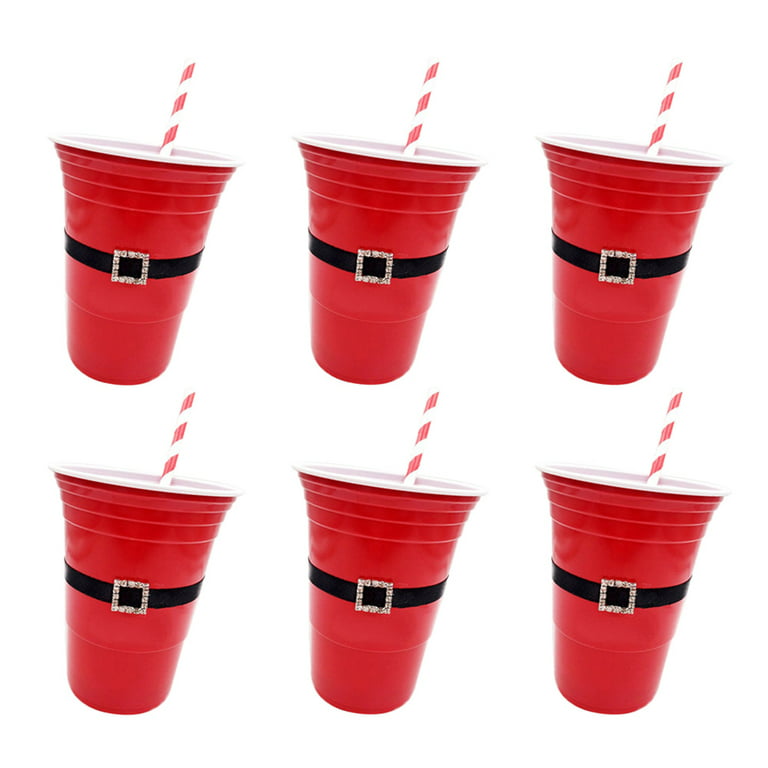 12pcs Christmas Plastic Cups Santa Belt Pattern Home Beverage Drinking Cup  Holiday Party Tableware and Party Supplies (Cups and Straw, 6pcs for Each)