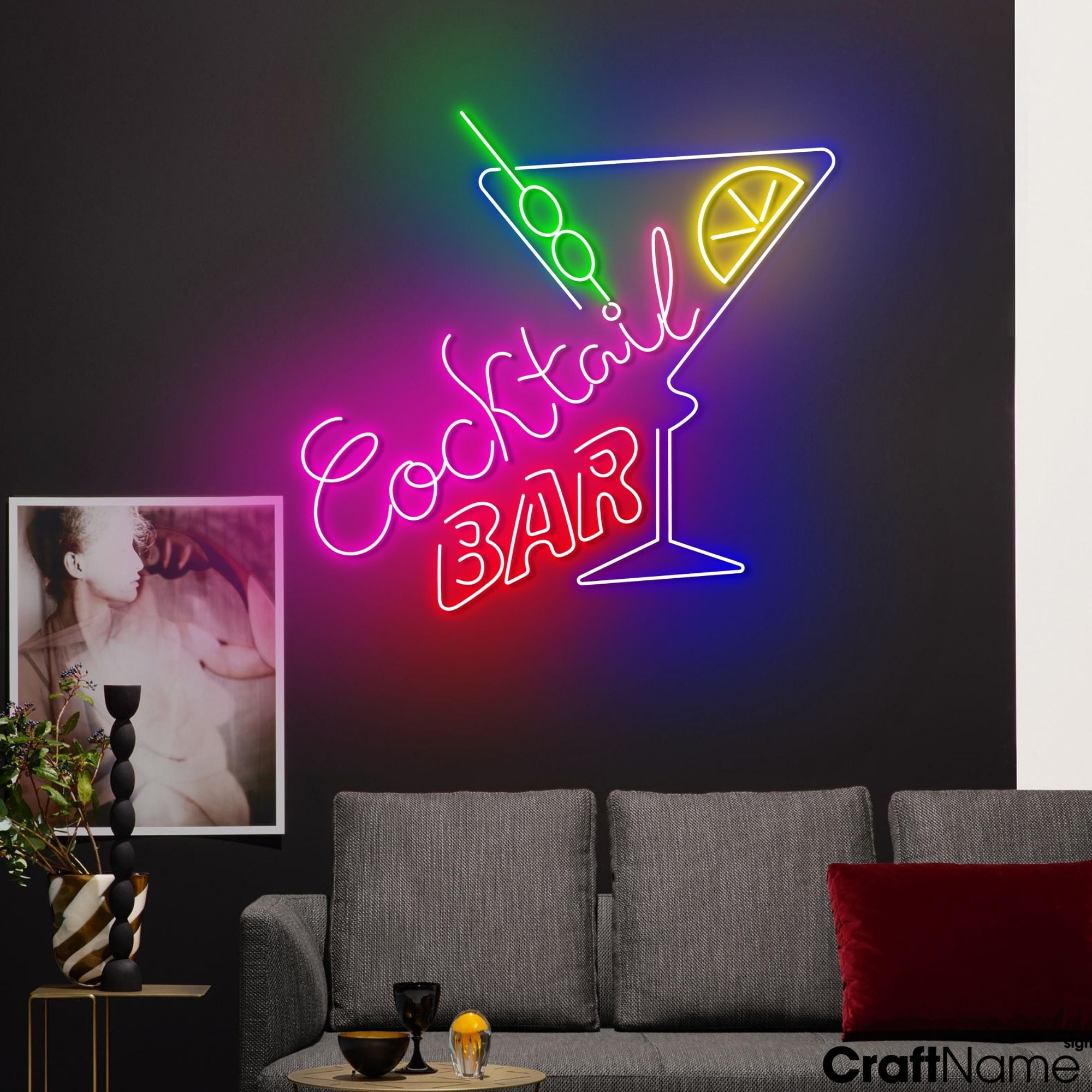 Craftnamesign Cocktail Bar Neon Sign, Open Sign Bar LED Light, Cocktail Bar Wall Art Decor