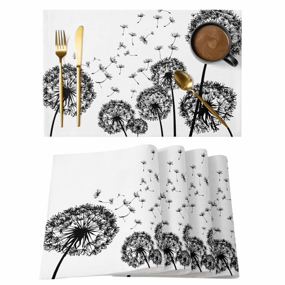 Dandelion Placemats Set of 6, Black White Modern Country Rustic Plants Placemats for Dining Table, Place Mats for Kitchen Tabletop, Waterproof Wipeable Dining Table Mats Set
