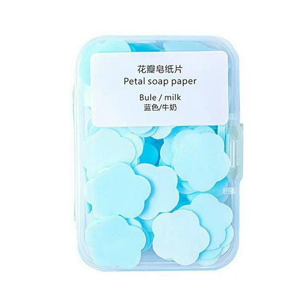 Injueey Jabón Papel a mano Desechable Perfumado Limpieza portátil Baño Camping Sábana Desinfección Pétalo Rebanada Espuma Juegos de accesorios de baño Leche Azul