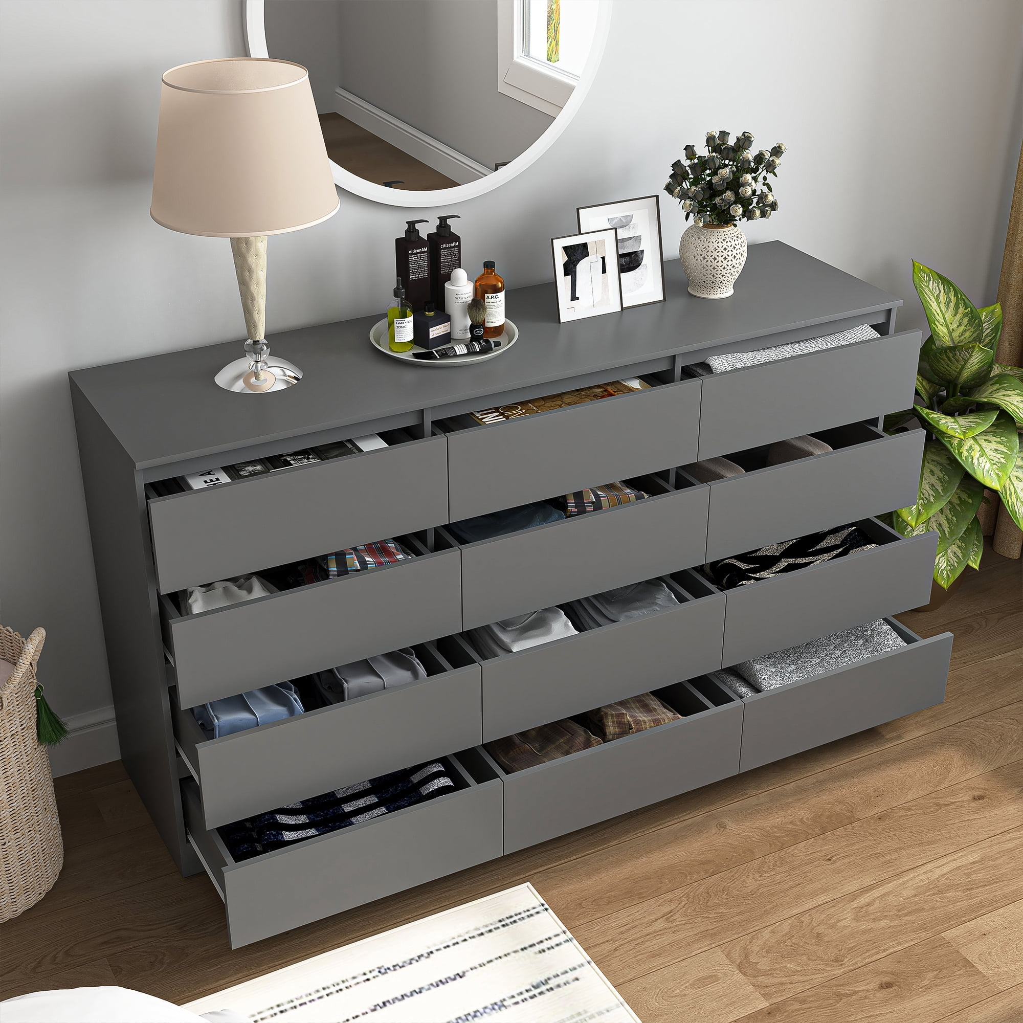 Resenkos Modern Mid Century 12 Drawer Wide Dressers Chests for Bedroom, Chest of Drawer Organizer Grey