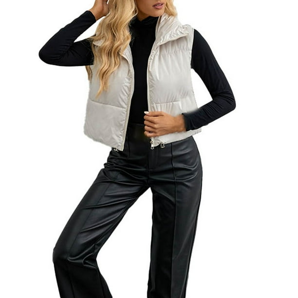 Gibobby Chalecos de invierno para mujer, Chaleco corto de invierno para mujer, ligero, sin mangas, cálido, chaleco acolchado(Blanco,XG)