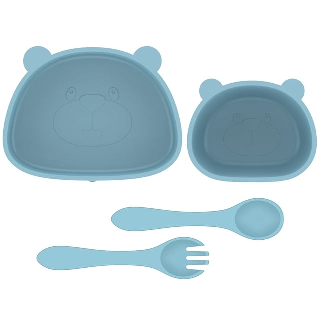 Baby Plate and Bowl Set with Suction Reusable Silicone Baby Tableware Set with Flexible Fork Spoon BPA-Free Baby Led Weaning Supplies Washable Microwave Safe Self Feeding Utensils for Tod